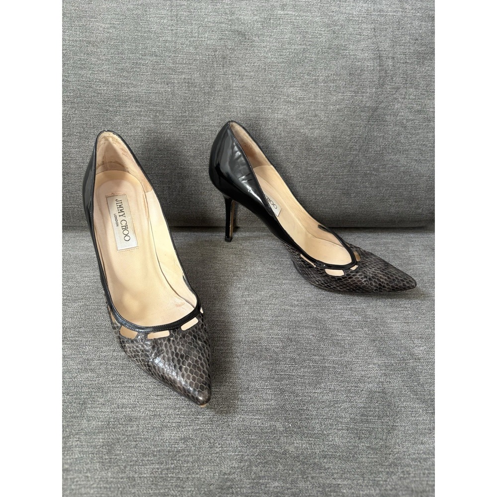 JIMMY CHOO London Women's Snakeskin And Black Pointy Toe Pumps Size 37 6.5-7